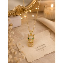 Lia Charm 14K Altın Kaplama Yeşil Gözlü Işıltılı Taşlı Kaplan Kadın Kolye