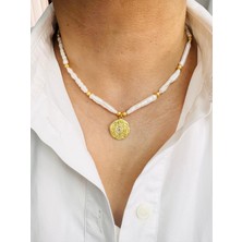 Devi Fashion Gerçek Doğal Inci Gold Madalyon Uçlu Kolye 44 cm