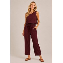 Sibel Günay Butik Kadın Tencel Kumaş Bordo Kolsuz Bluz ve Bel Lastikli Cepli Ikili Takım