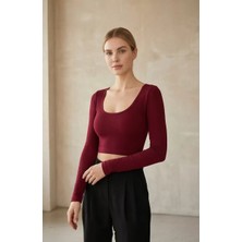 No 35 Concept Kadın Bordo Uzun Kol Kare Yaka Crop Top Bluz