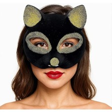 Mentra Online Siyah Renk Altın Simli Süet Kaplama Kedi Maskesi 18X14 cm - Parti Gözlüğü & Maske - Parti ve Kutlama