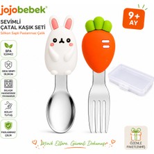 Jojobebek Bpa Içermez, 316 Paslanmaz Çelik Sevimli Tavşan & Havuç Figürlü Silikon Saplı Bebek Çatal Kaşık Seti ve Saklama Kutusu 9+ Ay