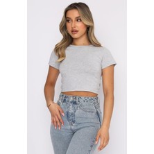 Öz Pamuk Kadın 2'li Adet Siyah Fitilli Bisiklet Yaka Kaşkorse Crop T-Shirt.