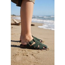 Shoetek Werra Kadın Terlik Çapraz Bantlı Tokalı Yeşil Süet