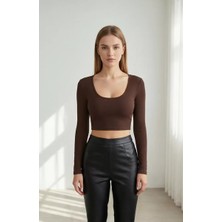 No 35 Concept Kadın Kahverengi Uzun Kol Kare Yaka Crop Top Bluz – Şık, Rahat ve Kolay Kombinlenebilir