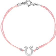 Emiliano Jewellery Zirkon Taşlı Gümüş Rengi Kaplamalı Pembe Ipli At Nalı Bileklik