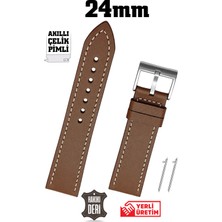 Saatse 24MM Açık Kahverengi Taba Beyaz Dikişli Spor Hakiki Deri Saat Kordonu Kayış Akıllı Pimli