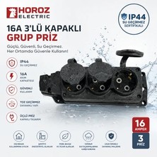 Horoz Electric Siyah Monofaze Kauçuk 3'lü Grup Priz 16A 250V IP44 Topraklı Dayanıklı Çoklu Priz
