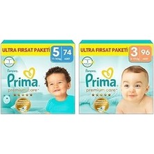 Prima Bebek Bezi Premium Care 5 Numara 74 Adet Ultra Fırsat Paketi ve Prima Bebek Bezi Premium Care 3 Numara 96 Adet Ultra Fırsat Paketi