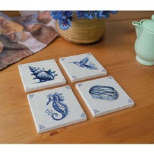 Arslart Deniz Canlıları Temalı Taş Bardak Altlığı - 4'lü Set