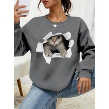 Pomeya  Kadın Uzun Kollu Bisiklet Yaka Kedi Desenli Viskon Iki Iplik Bluz