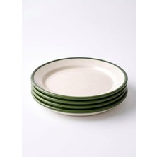 4'lü Emaye Servis Tabağı Seti - 25 cm Krem Renkli Yeşil Kenarlı Yemek Tabağı Takımı - Retro