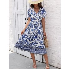 Alyn Wear Kadın Kısa Kollu Kruvaze Yaka Eteği Volanlı Çiçek Desenli Likralı Saten Midi Boy Elbise