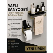 Edil Tasarım Raflı Banyo Seti Gold Siyah | Raflı Havlu Askılığı & Tuvalet Kağıtlığı 2'li Set