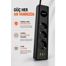 CoverZone Termal Akım Korumalı Priz, 3 Prizli Cee7 Schuko, 3 USB 2.1A Çıkışlı, 10A 2500W, Kısa Devre Korumalı, LED Indikatörlü Güç Anahtarlı, 2 Metre Kablolu Çoklu Priz | Model 3403