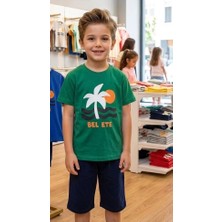 Ponki Palmiye Desenli Yeşil T-Shirt ve Lacivert Şortlu Takım