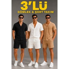Defy Moda Erkek 3’lü Krep Kumaş Cepli Gömlek Şort Takım Kısa Kollu Bağcıklı - Siyah , Beyaz , Bej