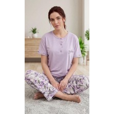 Bursa Pijama Kadın Kısa Kol Altı Uzun Ring Viskon Zambak Desen Pijama Takımı