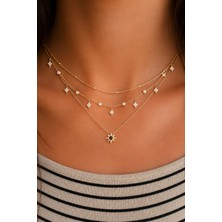 Trend Collection Kadın Gold Renk Üçlü Katmanlı Taşlı Yıldız Kolye