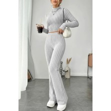 No 35 Concept Kadın Gri Çizgili Boğazlı Crop Top ve Yüksek Bel Pantolon Takım