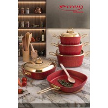 EVREN MUTFAK 9 Parça Red(Kırmızı) Kare Tencere Seti ( Gold Çelik Kapaklı)