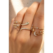 Trend Collection Kadın Altın Renk 7'li Yüzük Seti Taşlı Yılan Ay ve Yıldız Tasarımlı