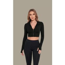 No 35 Concept Kadın Siyah Uzun Kol Fermuarlı Parmak Geçme Detaylı Dik Yaka Crop Top Bluz