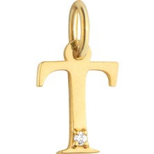 Duyum Gold 14 Ayar Altın Işıltılı Taşlı T Harfi Tasarım Kolye Ucu