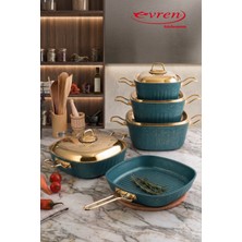 EVREN MUTFAK 9 Parça Green(Yeşil) Kare Tencere Seti ( Gold Çelik Kapaklı)