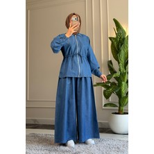Suede Style 6519 - Rahat Salaş Ince Bel Büzgü Detaylı Kadın Kot Ceket Pantolon Takımı