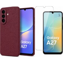 Coolacs Samsung Galaxy A27 Uyumlu Deri Dokulu Silikon Telefon Kılıfı ve Şeffaf Temperli Cam Ekran Koruyucu