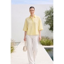 Lupinn Kadın Sarı Oversize Gömlek Yazlık Düğmeli Rahat Kalıp Keten Görünümlü Basic Casual Old Money Quiet Luxury Gömlek
