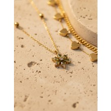 Seyn Accessory 316L Çelik Gold Taşlı Lotus Çiçeği Kolye ve 3'lü Kombin Çelik Bileklik Takı Seti
