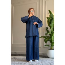 Suede Style 6564 - Şık Rahat Ince Yumuşak Kot Kumaş Kadın Pantolon Tunik Takımı