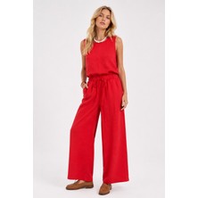 Sibel Günay Butik Mercan Kırmızı Keten Kadın Ikili Takım Kolsuz Bluz Bel Lastikli Cepli Pantolon