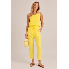 Sibel Günay Butik Kadın Tencel Kumaş Sarı Kolsuz Bluz ve Bel Lastikli Cepli Ikili Takım
