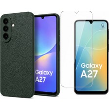 Coolacs Samsung Galaxy A27 Uyumlu Deri Dokulu Silikon Telefon Kılıfı ve Şeffaf Temperli Cam Ekran Koruyucu