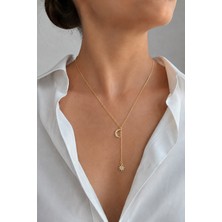 Trend Collection Kadın Gold Renk Taşlı Ay Yıldız Figürlü Sallantılı Y Kolye