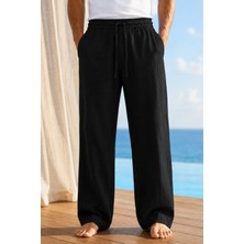 Tarz Cool Erkek Müslin Keten Karışımlı Rahat Kalıp Beli Lastikli Bağcıklı Yazlık Pantolon