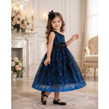 Deep Look Kids Wear Kız Çocuk Saks Mavi Siyah Pullu Tül Abiye Elbise Çiçek Kemer Detaylı
