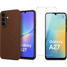 Coolacs Samsung Galaxy A27 Uyumlu Deri Dokulu Silikon Telefon Kılıfı ve Şeffaf Temperli Cam Ekran Koruyucu