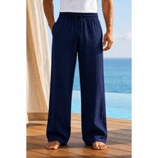 Tarz Cool Erkek Müslin Keten Karışımlı Rahat Kalıp Beli Lastikli Bağcıklı Yazlık Pantolon