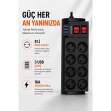 CoverZone Akım Korumalı 8’li Priz 3 USB Çıkışlı 2 Metre Kablolu 16A 4000W Termal Kısa Devre Korumalı Akıllı USB Tanımalı Çoklu Uzatma Kablosu | Model 3411