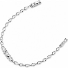 Balenbi Jewelry Gümüş Renk Üç Zirkon Taş Detaylı Oval Zincir Paslanmaz Çelik Kadın Bileklik 1200