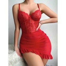 Budi Home Kadın Kırmızı Asimetrik Kesim Transparan Fantezi Gecelik 2303