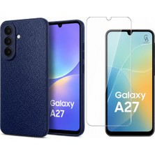 Coolacs Samsung Galaxy A27 Uyumlu Deri Dokulu Silikon Telefon Kılıfı ve Şeffaf Temperli Cam Ekran Koruyucu