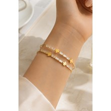 Trend Collection Kadın Gold Renk Yonca Figürlü Baget Taşlı Çift Sıra Kelepçe Bileklik