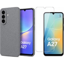 Coolacs Samsung Galaxy A27 Uyumlu Deri Dokulu Silikon Telefon Kılıfı ve Şeffaf Temperli Cam Ekran Koruyucu