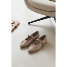 Futsi Shoes Allegra Bej Hakiki Deri Bilekten Tokalı Piliseli Kadın Babet