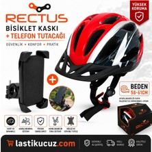 Rectus Bisiklet Kaskı (Kırmızı Siyah Yetişkin Vizörlü LED Işıklı Beden 58/61 + 1 Adet Telefon Tutucu)